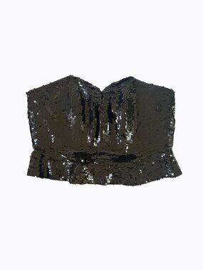 Vtg Black Tie Sequin Silk Corset M Crop Top Bustier Sweetheart Whimsigoth Y2K